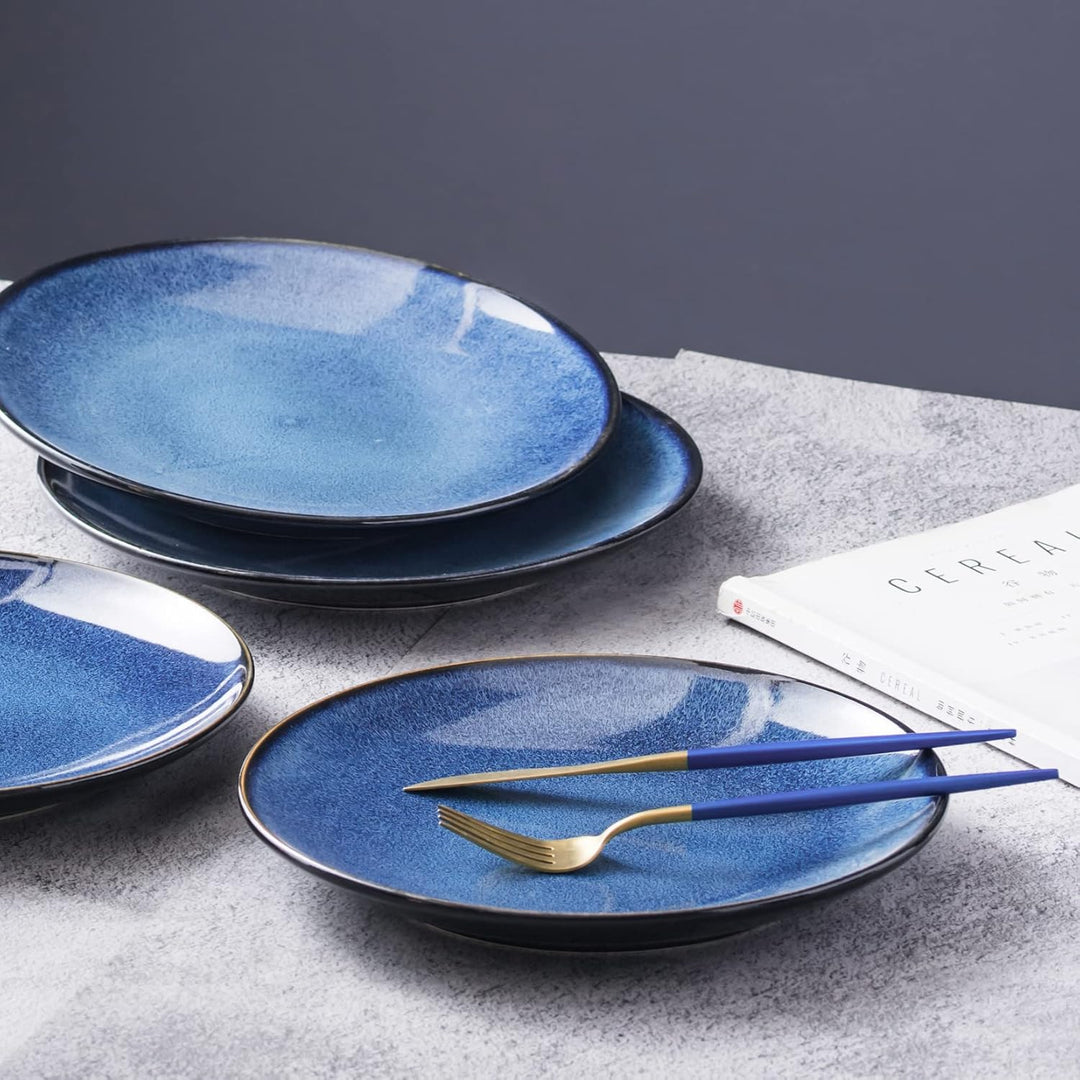 UNICASA Porzellan Tellerset, 26 cm grosse Salatteller Vintage Blau, Speiseteller Set 4-tlg Geschirrs