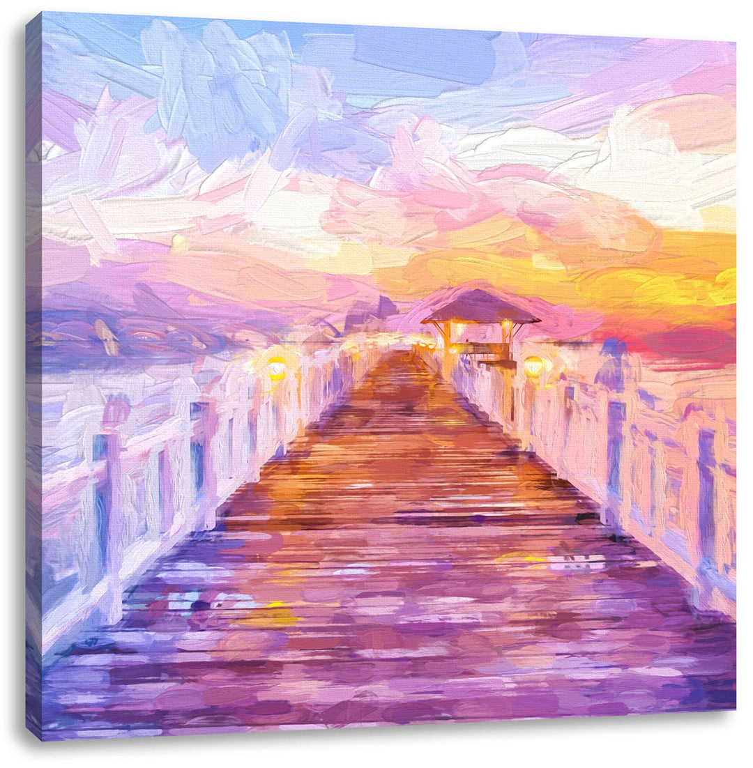 Pixxprint Steg ins Meer bei Sonnenuntergang Pinsel Effekt, Format: 70x70 auf Leinwand, 70x70