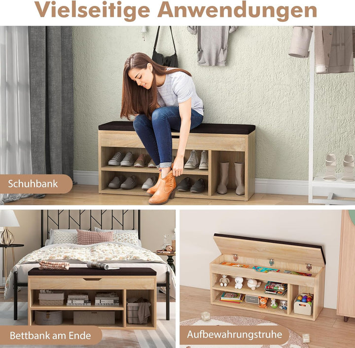 COSTWAY Schuhbank mit Sitzfläche und Stauraum, 104 x 30 x 48 cm, Garderobenbank Schuhregal Holz, Sch