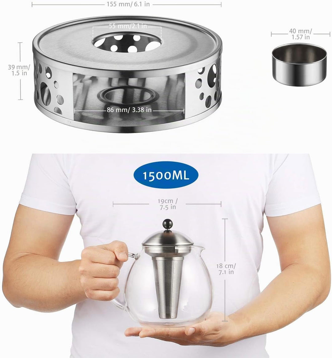 glastal 1500ml Silberne Teekanne mit Stövchen Teebereiter Glas und Edelstahl Teewärmer Teekanne Suit