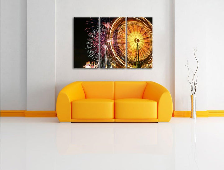 Pixxprint Jahrmarkt mit Feuerwerk als Leinwandbild/Grösse: 3 Teilig (120x80) cm/Wandbild/Kunstdruck/