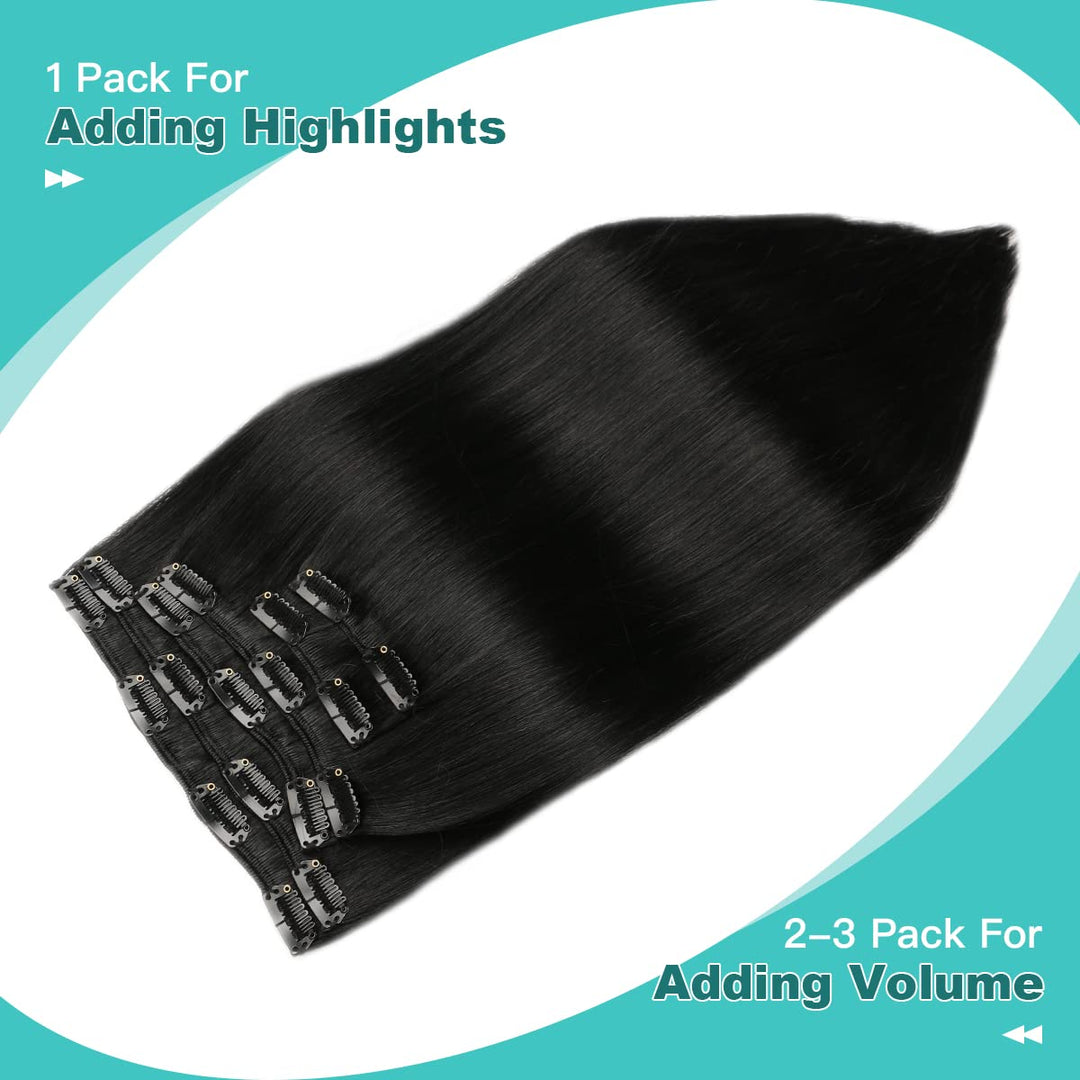 SURNEL Clip in Extensions Echthaar 50cm 120 Gramm Remy Clip in Echthaar Glatt Jet Schwarz Clip Human