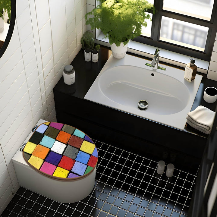 banjado® Design WC Sitz Bambus Absenkautomatik mit Motiv Bunte Kreide/Toilettendeckel mit Absenkauto