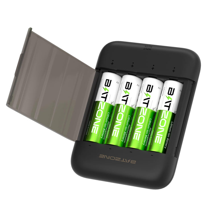 Wiederaufladbare Lithium Akkus AA 4-Pack mit Ladegerät, 2500mWh Hohe Kapazität 1.5V AA Batterien Lad