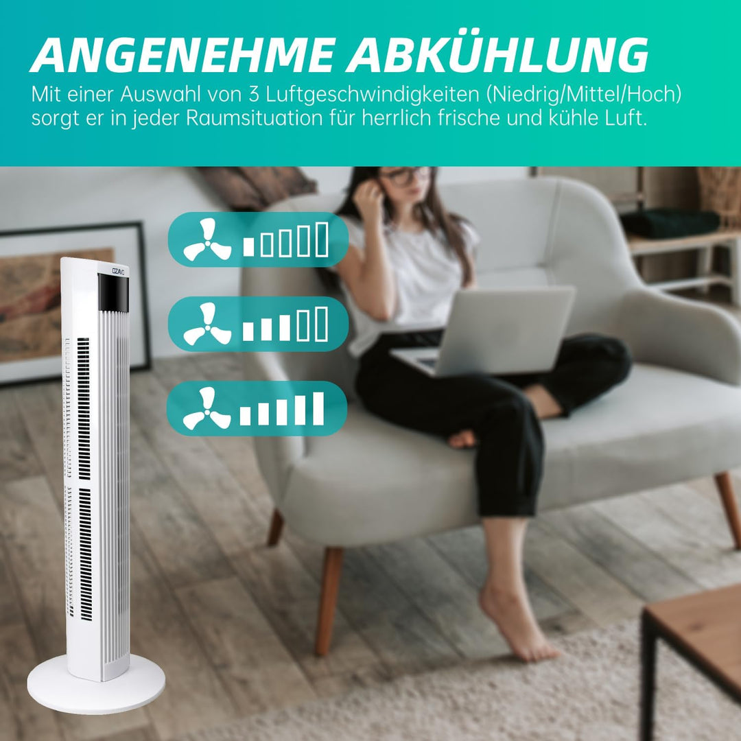 OZAVO Turmventilator mit Fernbedienung | Touchscreen | 3 Stufen | 3 Modi | 12h Timer | 70° Osziliere
