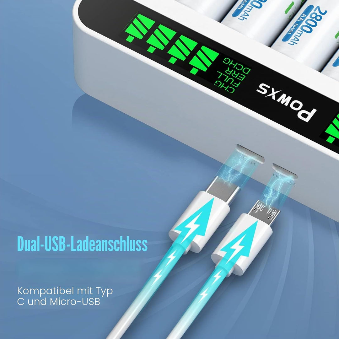 POWXS Batterie Ladegerät 8 Fach mit 8 AA Akkus, AA AAA Akkuladegeräte mit LCD Display, Hohe Kapazitä