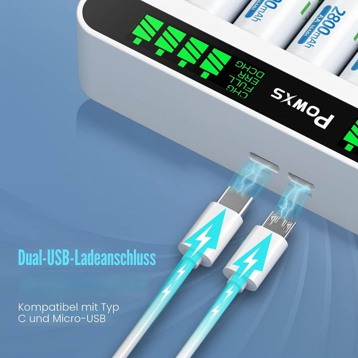 POWXS Batterie Ladegerät 8 Fach mit 8 AA Akkus, AA AAA Akkuladegeräte mit LCD Display, Hohe Kapazitä