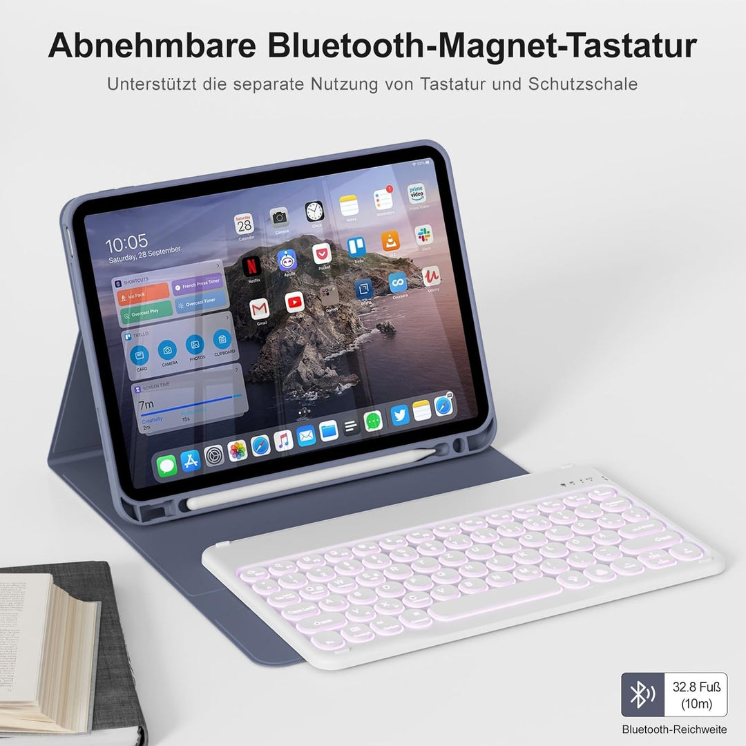 Hülle mit Tastatur für iPad A16 11/10 Generation (2025/2022, 11/10.9 Zoll), 7 Farben Beleuchtete Abn