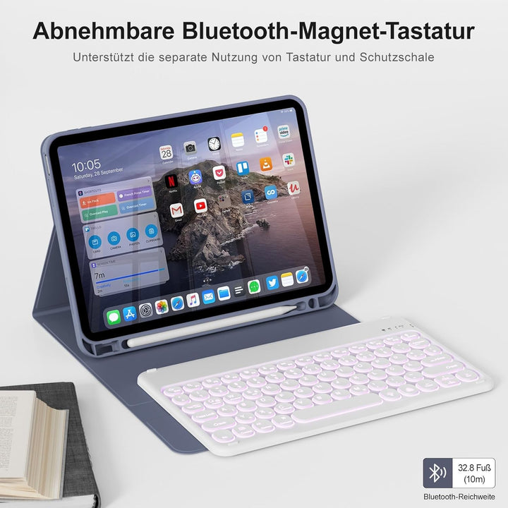 Hülle mit Tastatur für iPad A16 11/10 Generation (2025/2022, 11/10.9 Zoll), 7 Farben Beleuchtete Abn