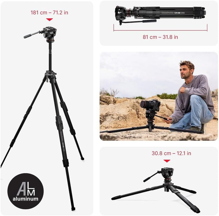 Manfrotto 500X Fluid Videokopf mit ONE Hybrid Aluminium Stativ – Foto & Video Stativ Kit, 5kg Tragla