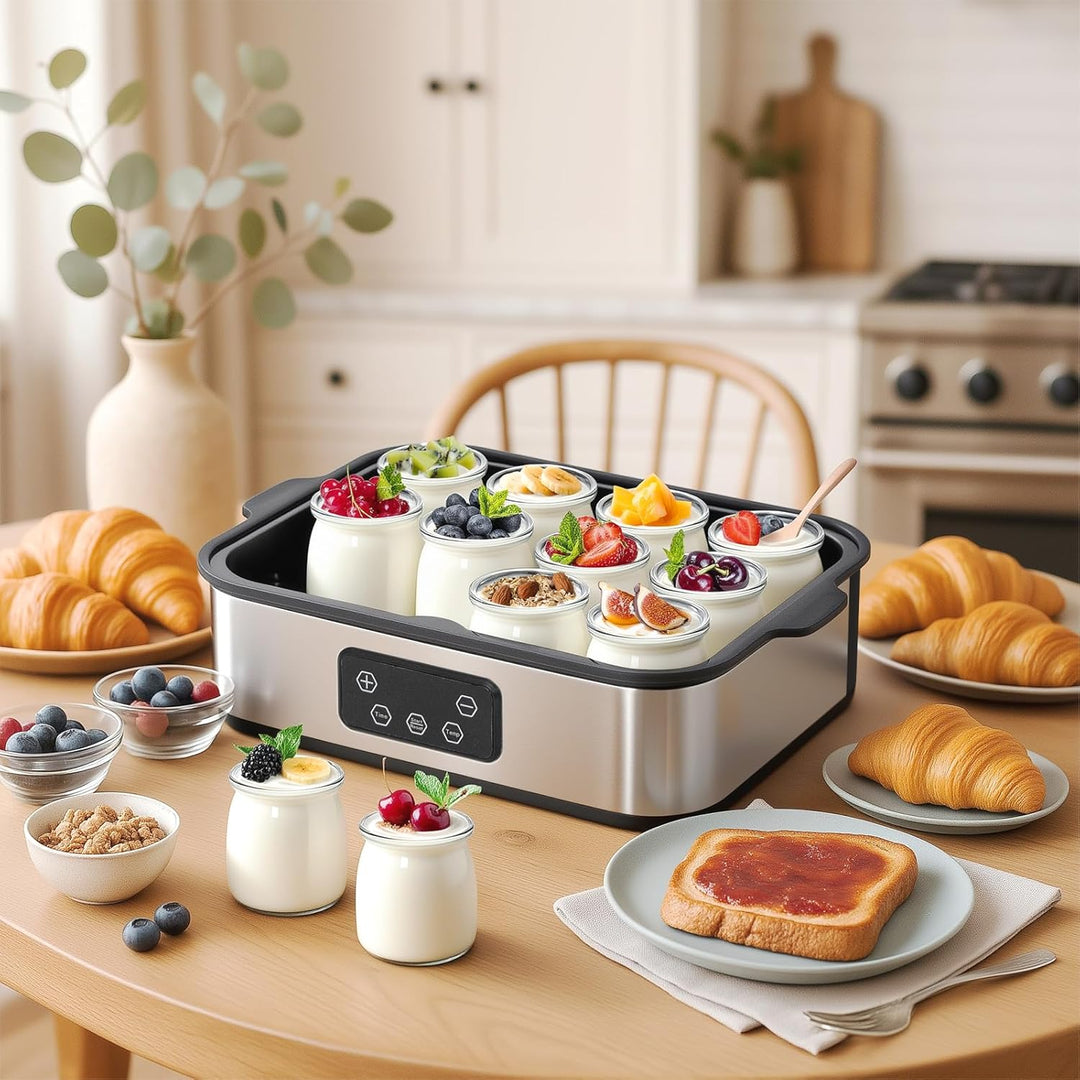 Todeco Joghurtbereiter mit 12 Gläsern à 180ml, Elektrischer Joghurtmaschine aus Edelstahl, Einstellb