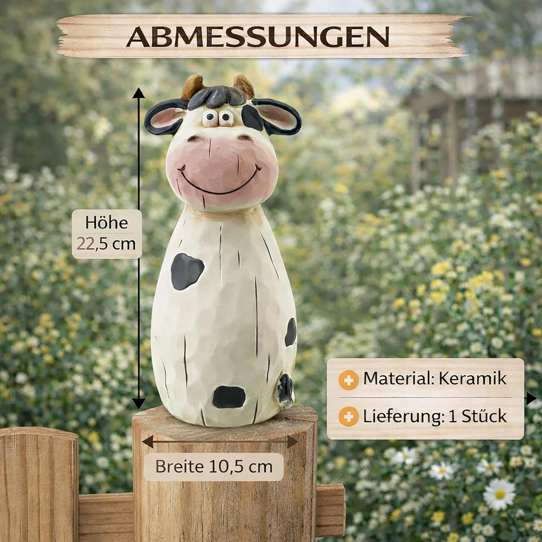 Annastore Zaunfigur Kuh Lotte aus Terracotta H 22,5 cm Schwarz Weiss - Zaunhocker - Garten Deko Tier
