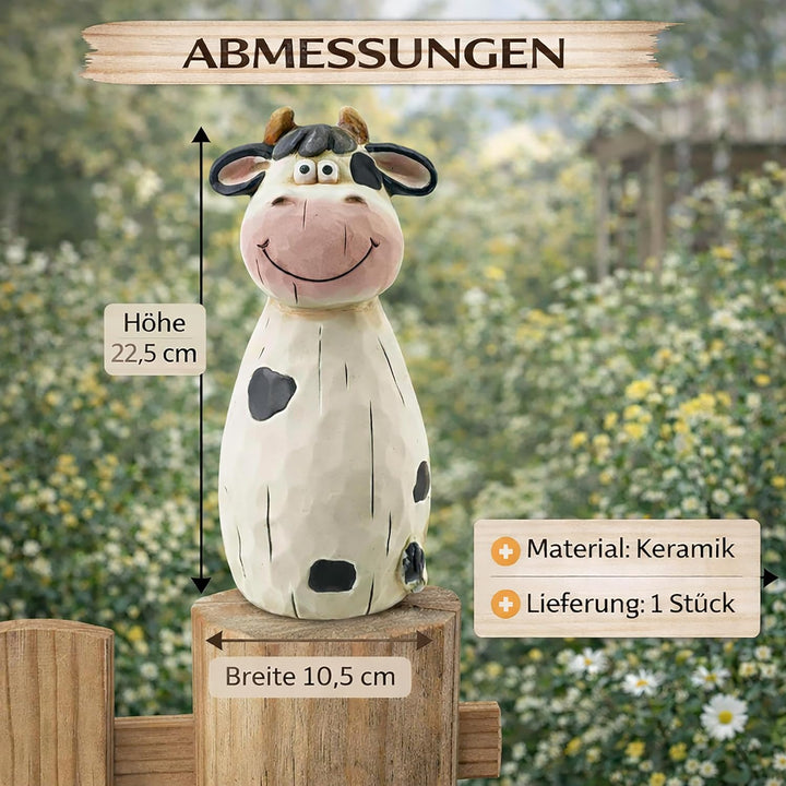 Annastore Zaunfigur Kuh Lotte aus Terracotta H 22,5 cm Schwarz Weiss - Zaunhocker - Garten Deko Tier