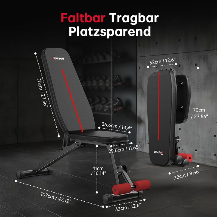 PASYOU Hantelbank Klappbar 10-Fach Verstellbar 90° Grad vertikal Multifunktions Trainingsbank für Ga