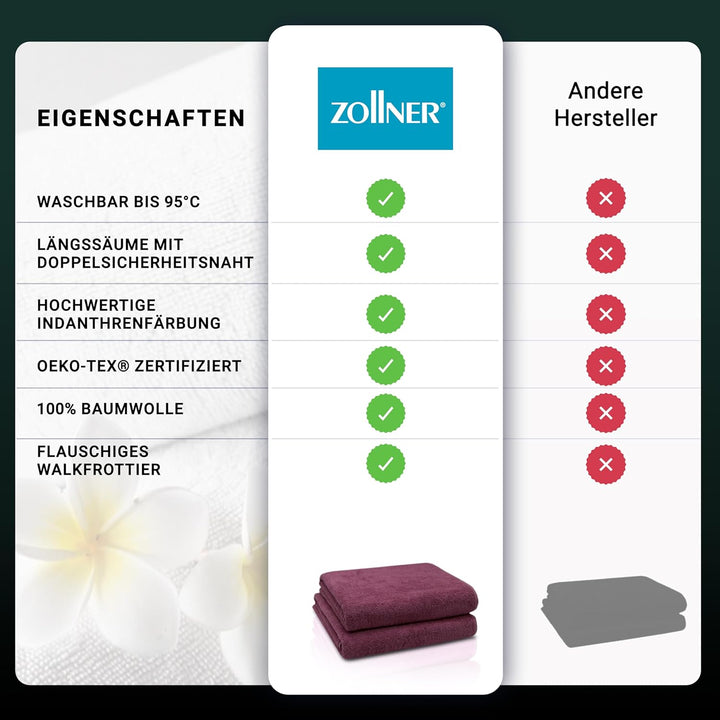 ZOLLNER 2er Set Badetücher, Duschtücher, 100x150 cm, Baumwolle, brombeer