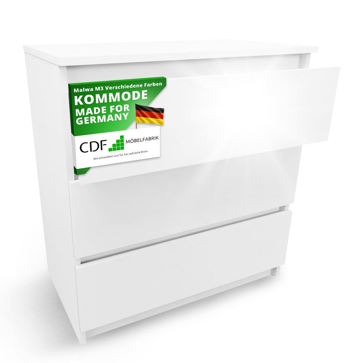 CDF Kommode Malwa M3 | Farbe: Weiss glänzend | Schrank für Dokumente, Kleinigkeiten | Ideal für Wohn