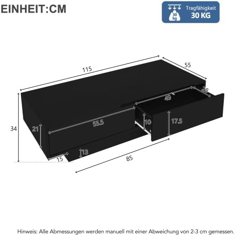 Merax Moderner Schwarzer Hochglanz-Couchtisch mit LED-Beleuchtung und 2 Schubladen – 115x55x34 cm, K
