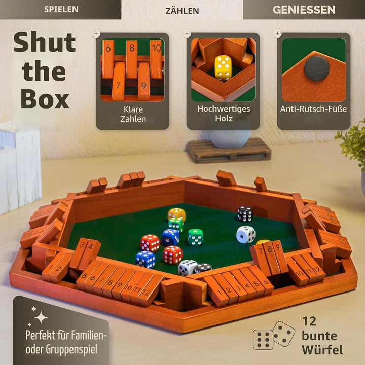 Shut the Box -Spielbrett aus Holz für 1–6 Spieler – 40 cm (16 Zoll) grosses Shut the Box -Spiel mit