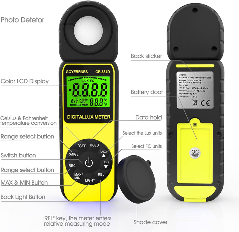 Luxmeter, Belichtungsmesser Lichtmessgerät Digitales Beleuchtungsstärkemessgerät 0~400.000 Lux Photo