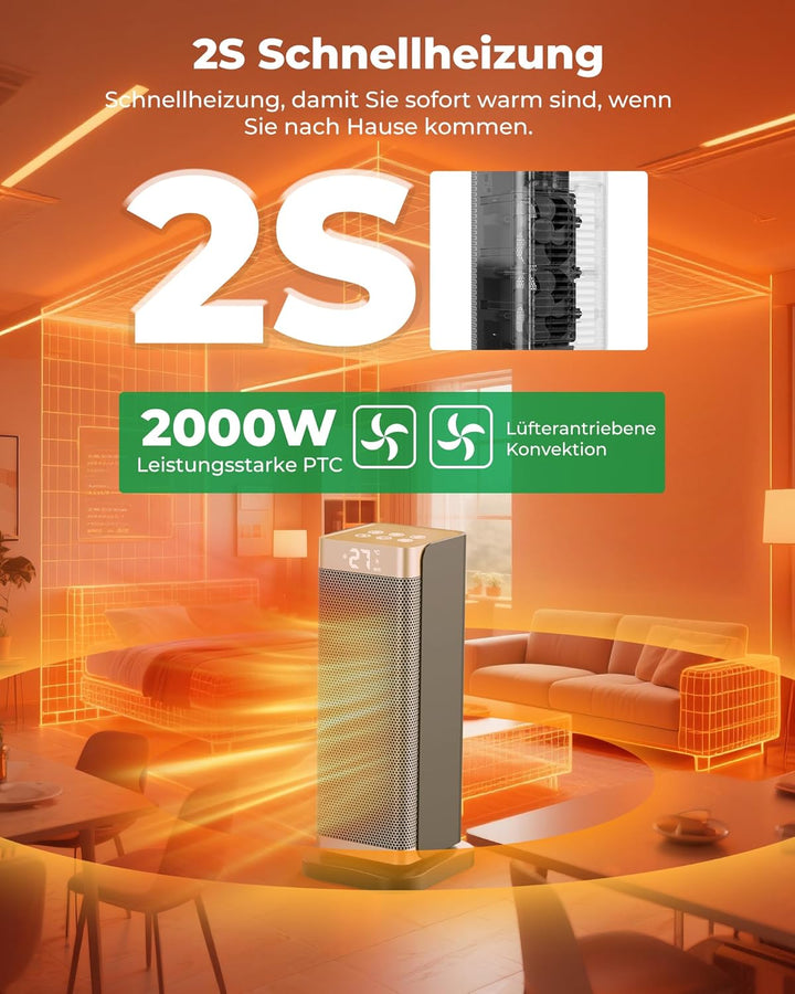 2000W Energiesparend Heizlüfter Leise - 3 Gänge PTC Keramik Schnell Heizung mit ECO Konstante Temper