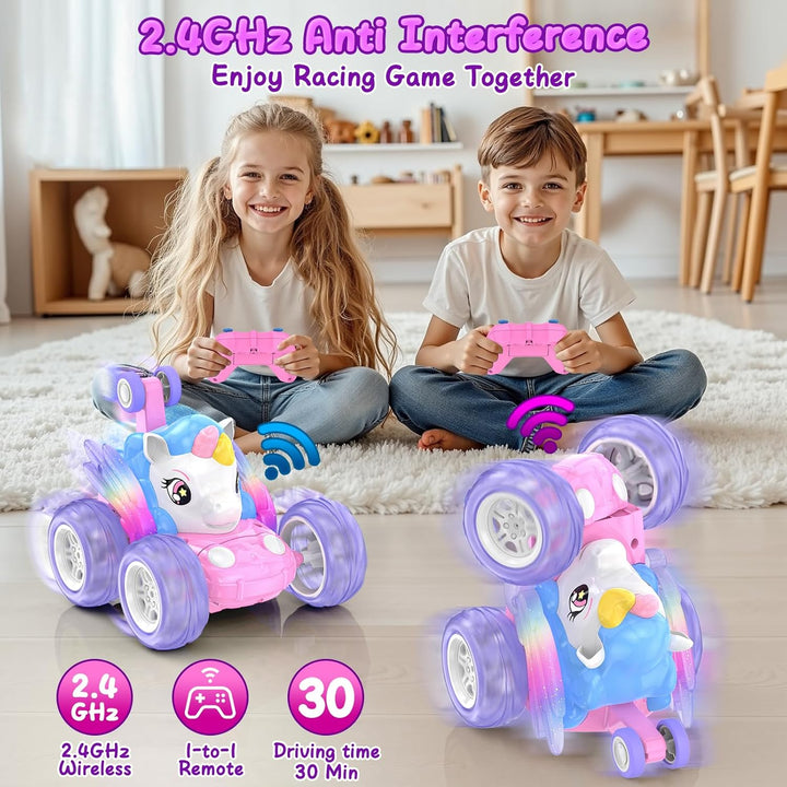 Ferngesteuertes Auto, Einhorn Spielzeug ab 3 4 5 6 7 8 9 Jahre Mädchen 2.4GHz RC Stunt Auto mit Leuc