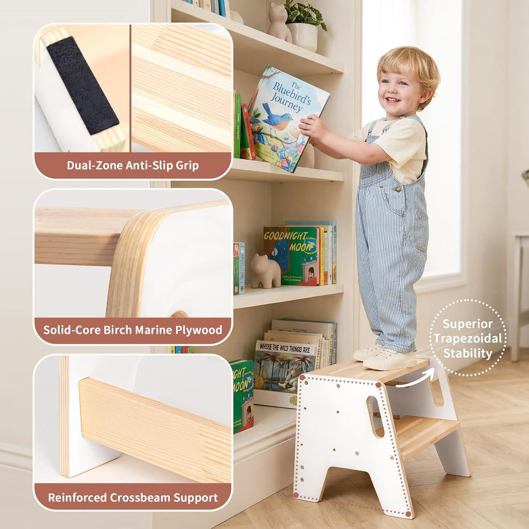 WINGYZ Tritthocker Kinder 2 Stufen aus Holz Zweistufiger Hocker mit 3 verstellbaren Höhen, 2 Griffen
