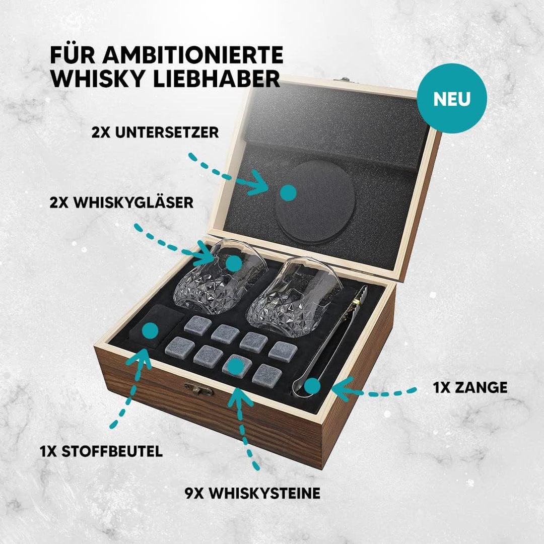 7-TLG Whisky Steine Set mit Wunschgravur - Motiv: Weltkarte - personalisierte Kiste - 2X Tumbler, 9X