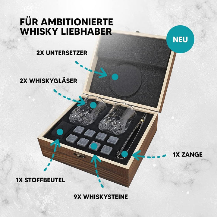 7-TLG Whisky Steine Set mit Wunschgravur - Motiv: Weltkarte - personalisierte Kiste - 2X Tumbler, 9X