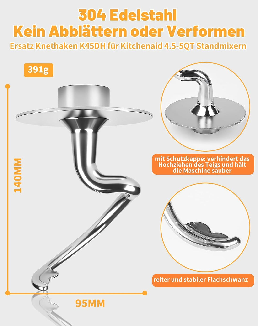 Spiral Knethaken Edelstahl für KitchenAid 4,5–5QT, K45DH Knethaken mit Schutzkappe für KitchenAid 4.
