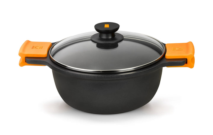 BRA Efficient Hoher Kochtopf mit Glasdeckel und Silikongriffen, Aluminium, schwarz, 20 cm, geeignet