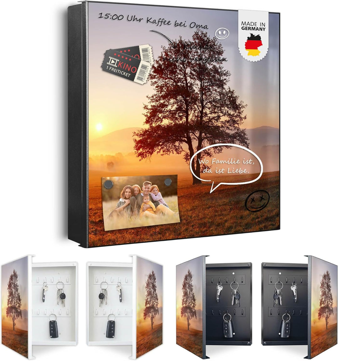banjado® Grosser Schlüsselkasten Glas/Schlüsselbox 30cm x 30cm mit 50 Haken - Motiv Sonnenaufgang/Sc