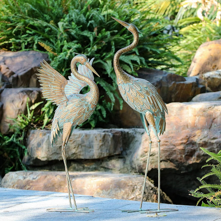 TERESA'S COLLECTIONS Metallvögel Kraniche Gartenfiguren für Teich 2er Set 99/ 85cm grosse Vogel Kran
