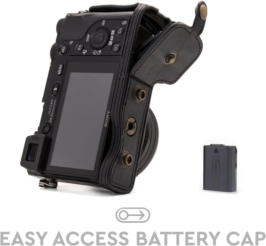 MegaGear Sony Alpha A6300, A6000 (16-50 mm) Ever Ready Leder Kamera-Case mit Trageriemen und Batteri