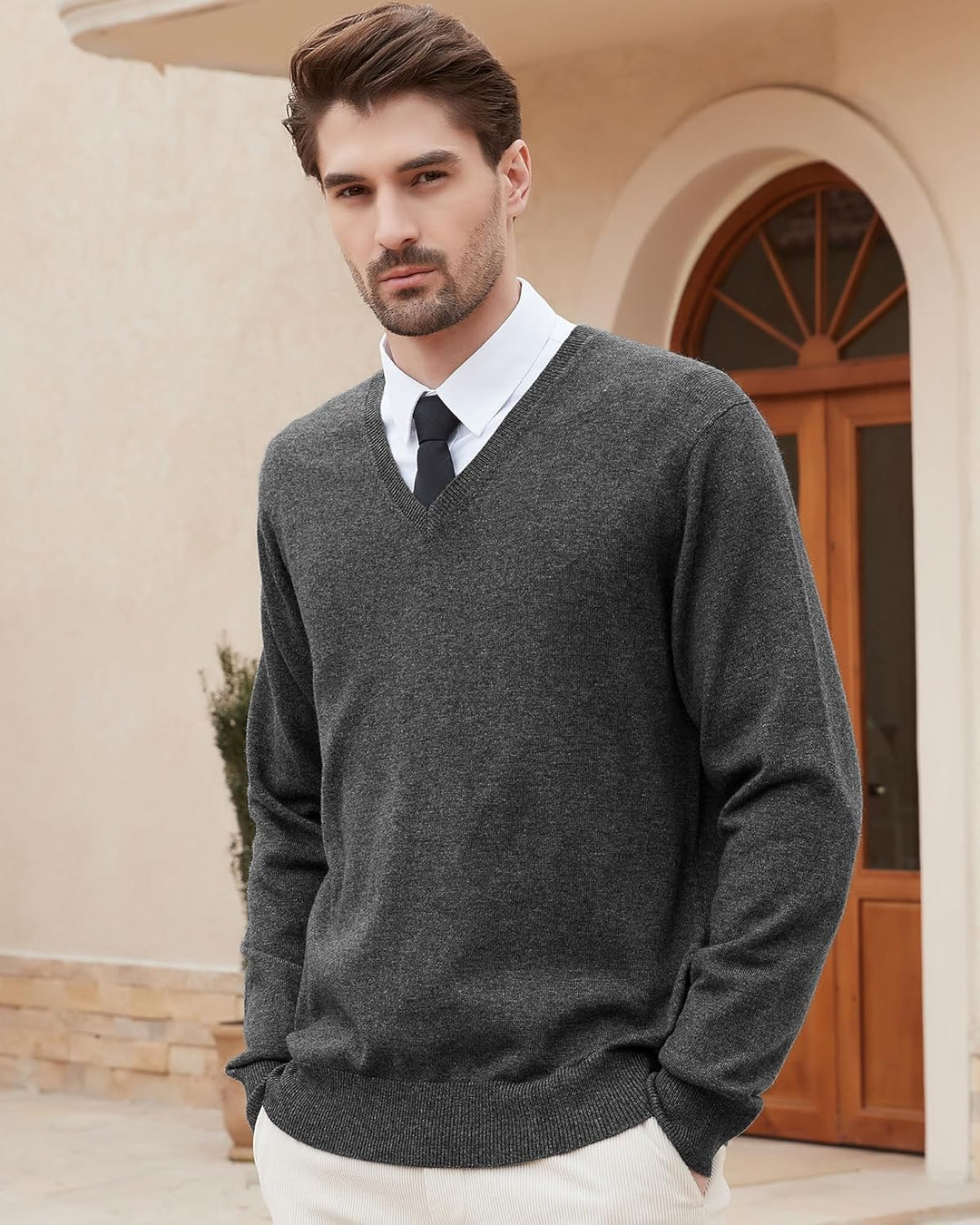 Kallspin Herren Strickpullover aus Wollmischung V-Ausschnitt Langarm Comfort Fit Pullover XL Grau, X