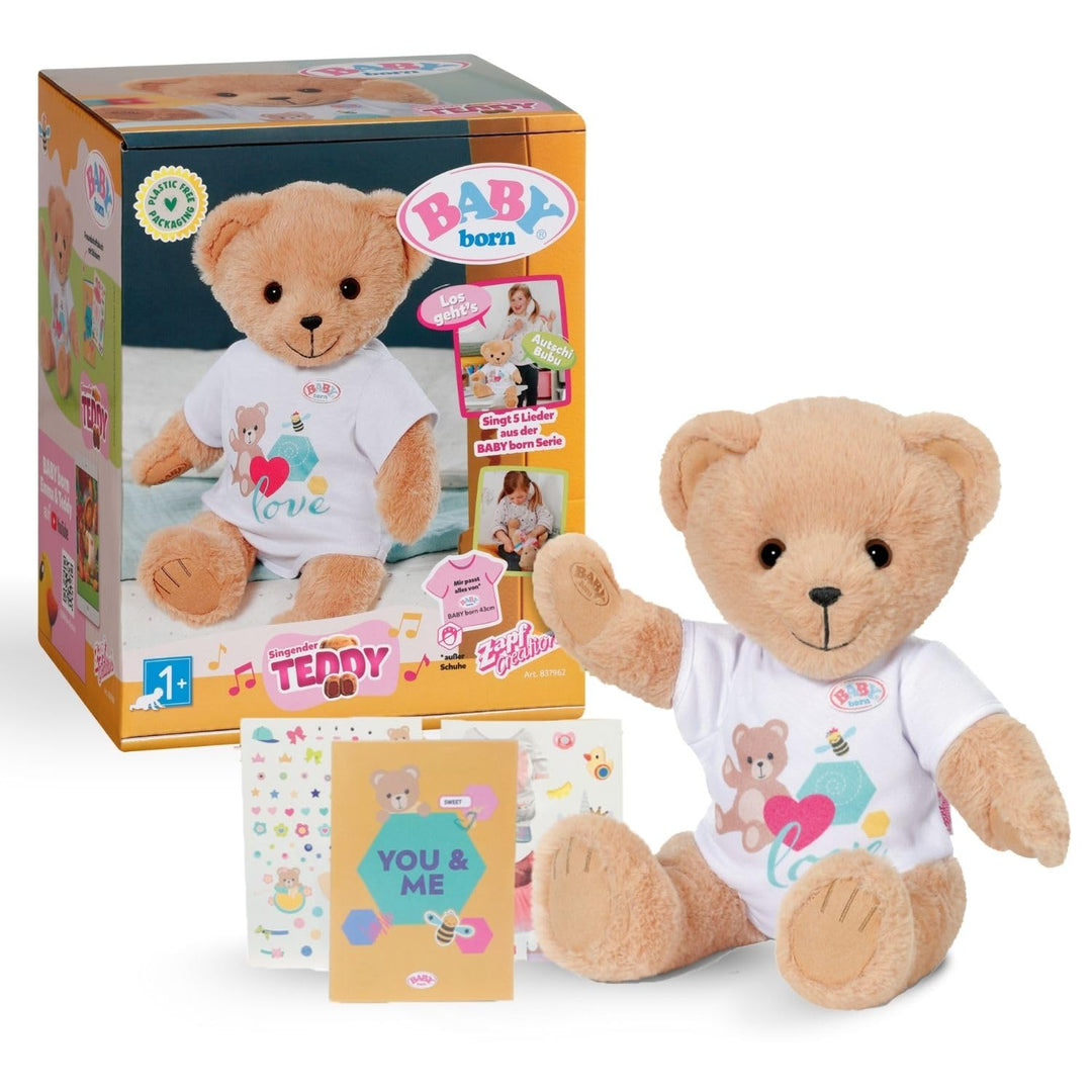 BABY born Singender Teddy, Plüschbär mit Soundfunktion, weissem Strampler und beweglichen Armen und