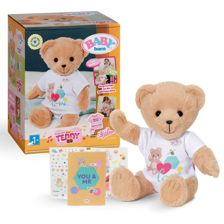 BABY born Singender Teddy, Plüschbär mit Soundfunktion, weissem Strampler und beweglichen Armen und