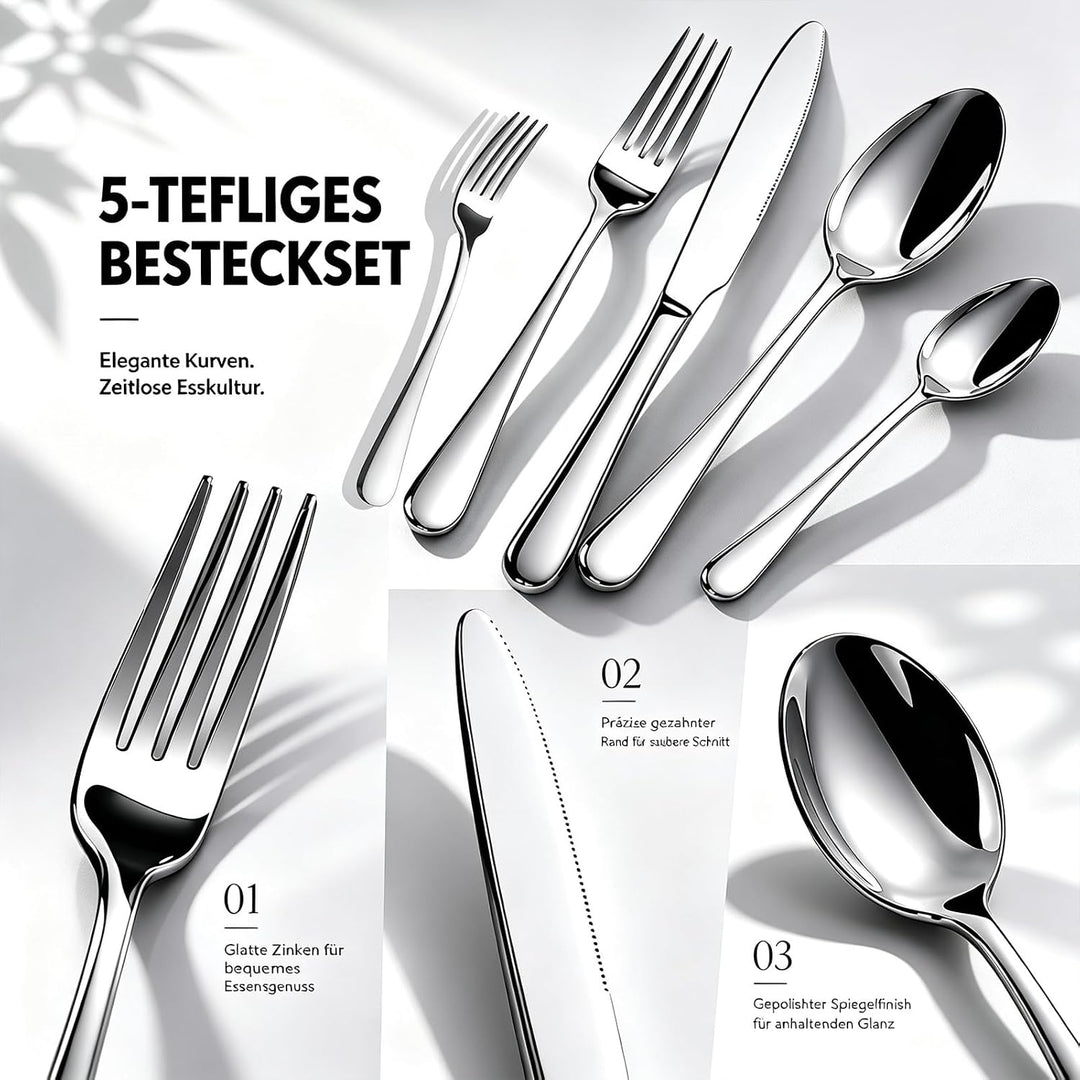 Besteck Set 4 Personen, 20-Teilig, 18/10 Edelstahl, Silber | Teardrop Design, Modern Poliert, Spülma
