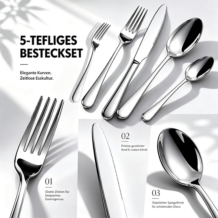 Besteck Set 4 Personen, 20-Teilig, 18/10 Edelstahl, Silber | Teardrop Design, Modern Poliert, Spülma