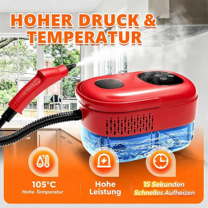 Dampfreiniger Handgerät, 15 Sekunden Aufheizzeit, 1,1L Wassertank, Rot, Rot