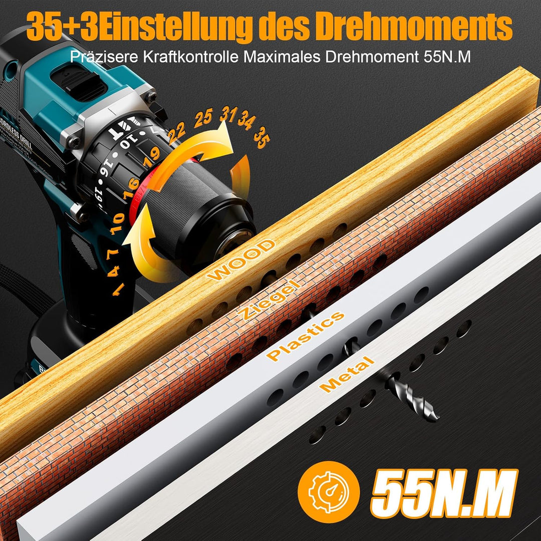 Conentool 21V Bürstenlos Akkuschrauber Set, Akku bohrschrauber mit 2x 2500mAh Akkus, 55 N.m Max schl