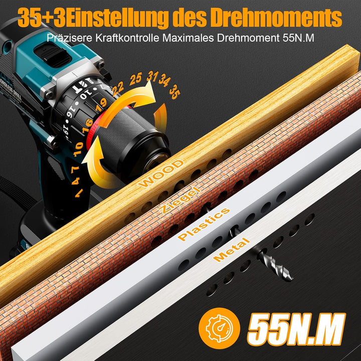 Conentool 21V Bürstenlos Akkuschrauber Set, Akku bohrschrauber mit 2x 2500mAh Akkus, 55 N.m Max schl