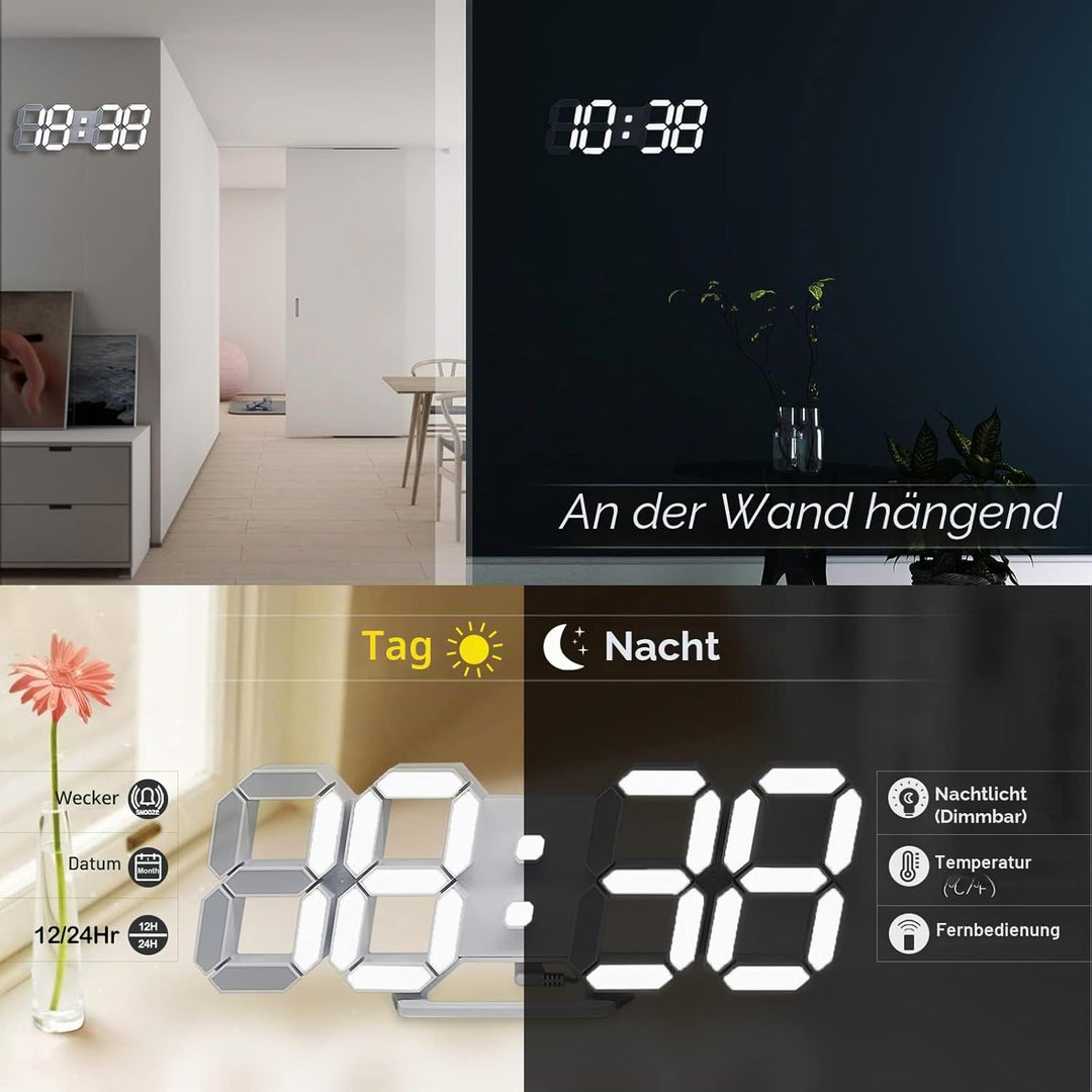 KOSUMOSU Digitaluhr 3D LED Wanduhr 9.7 Zoll, Tischuhr Grosses Display Digitale Wanduhr Schreibtischu