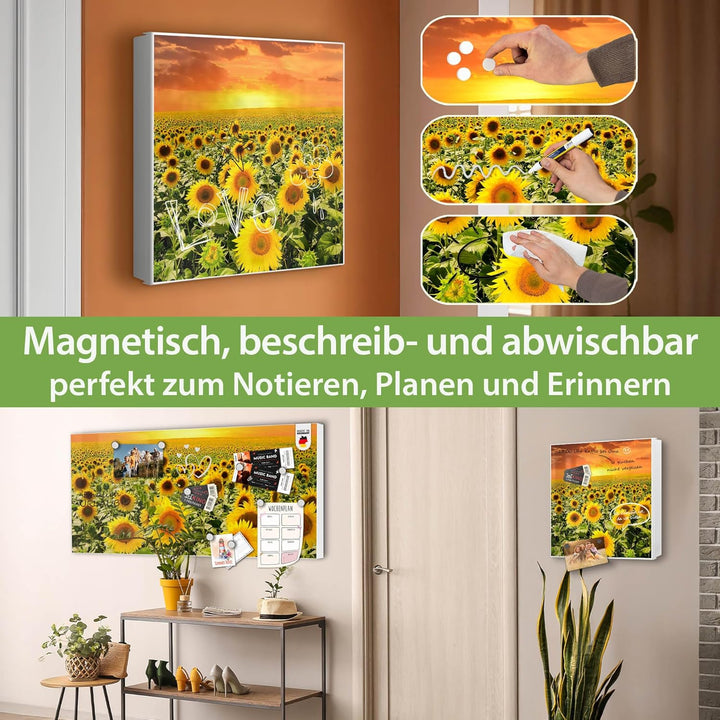 banjado® Grosser Schlüsselkasten Glas/Schlüsselbox 30cm x 30cm mit 50 Haken - Motiv Sonnenblumenmeer