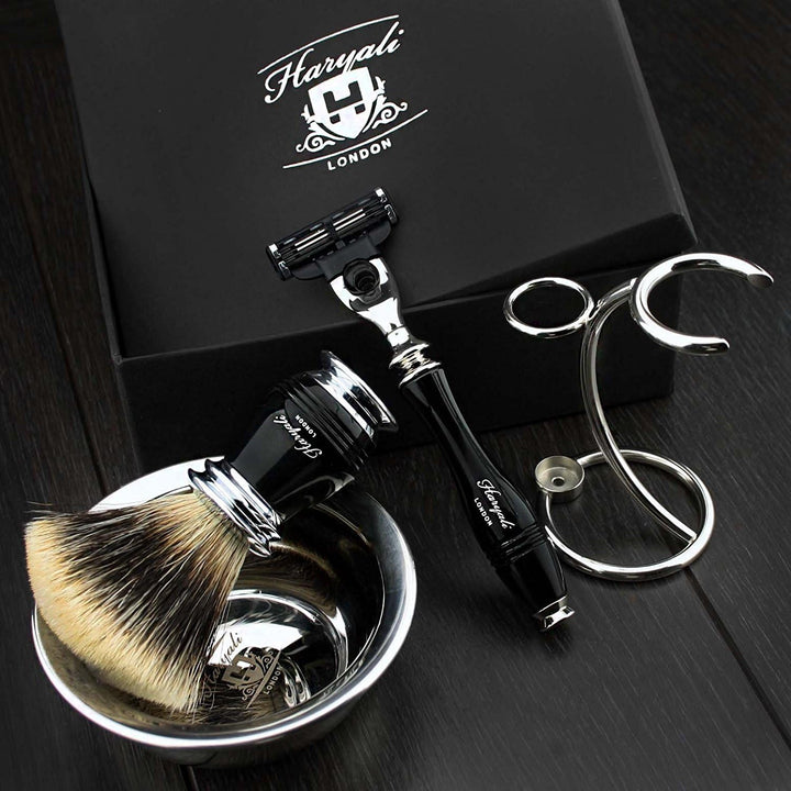 Haryali London Luxury Black Herren Rasierset 3 Edge Rasiermesser, Rasierpinsel, Rasierständer und Ra
