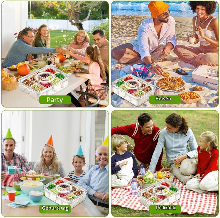 Carehabi Snackbox mit 8 Fächern, Snackteller mit Deckel und Griff, Snackdose Organizer für Snacks Sü