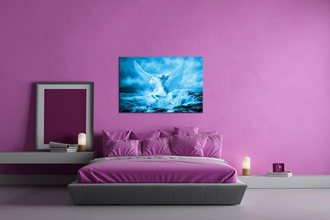 Frau auf dem edlen Pegasus Format: 80x60 Effekt: Monocrome Blau als Leinwand, Motiv fertig gerahmt a