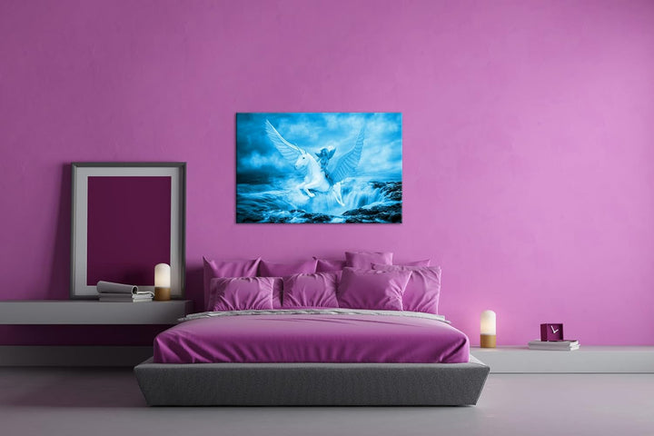 Frau auf dem edlen Pegasus Format: 80x60 Effekt: Monocrome Blau als Leinwand, Motiv fertig gerahmt a