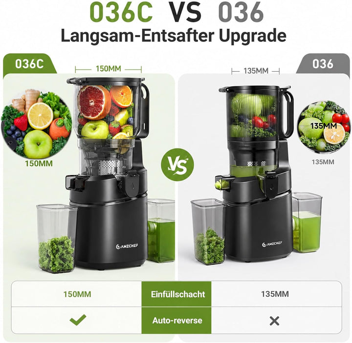 AMZCHEF 250W Automatischer All-In-One Entsafter, 165MM Öffnung und 1,8L Kaltpresse für Gemüse und Ob