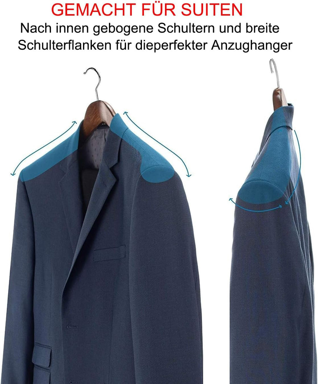 10 Stück Massivholz Kleiderbügel für Anzüge – Extra Breite Schultern, rutschfest, 360° Drehbarer Hak