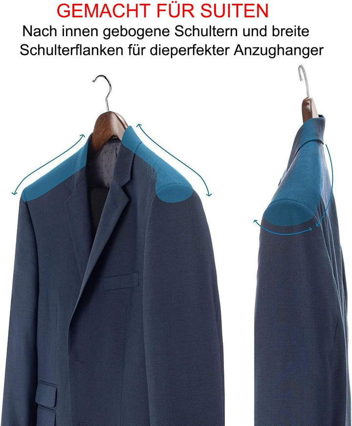 10 Stück Massivholz Kleiderbügel für Anzüge – Extra Breite Schultern, rutschfest, 360° Drehbarer Hak